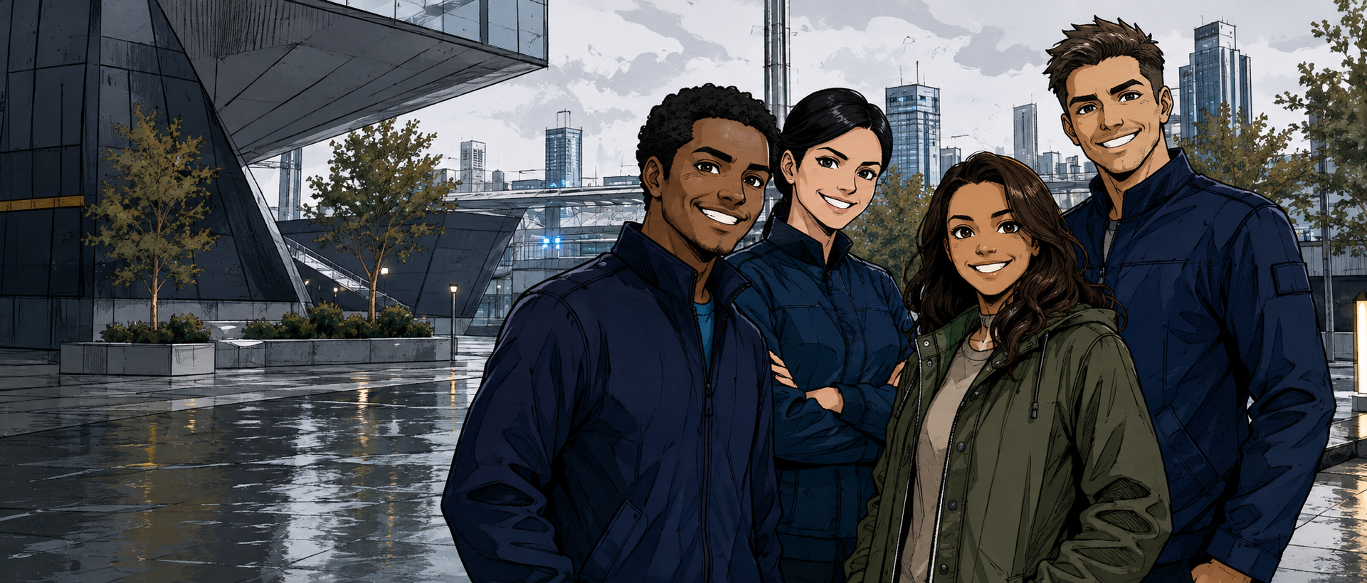 Four smiling New Eden residents standing together on a reconstructed civic campus